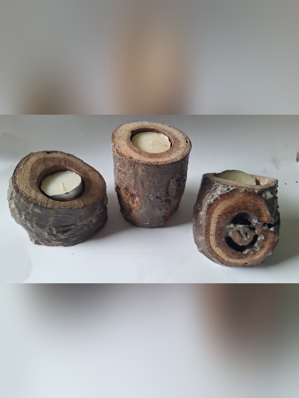Set Of 3 Rustic Brown Birch Log Tealight Candle Holder - Handmade